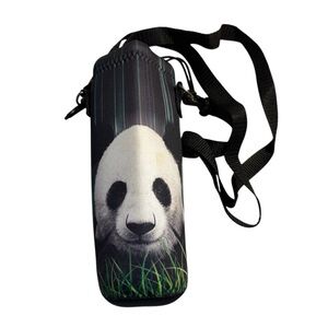 ICOLOR Water Bottle Carrier Panda Print Neoprene Sleeve Black Shoulder Strap